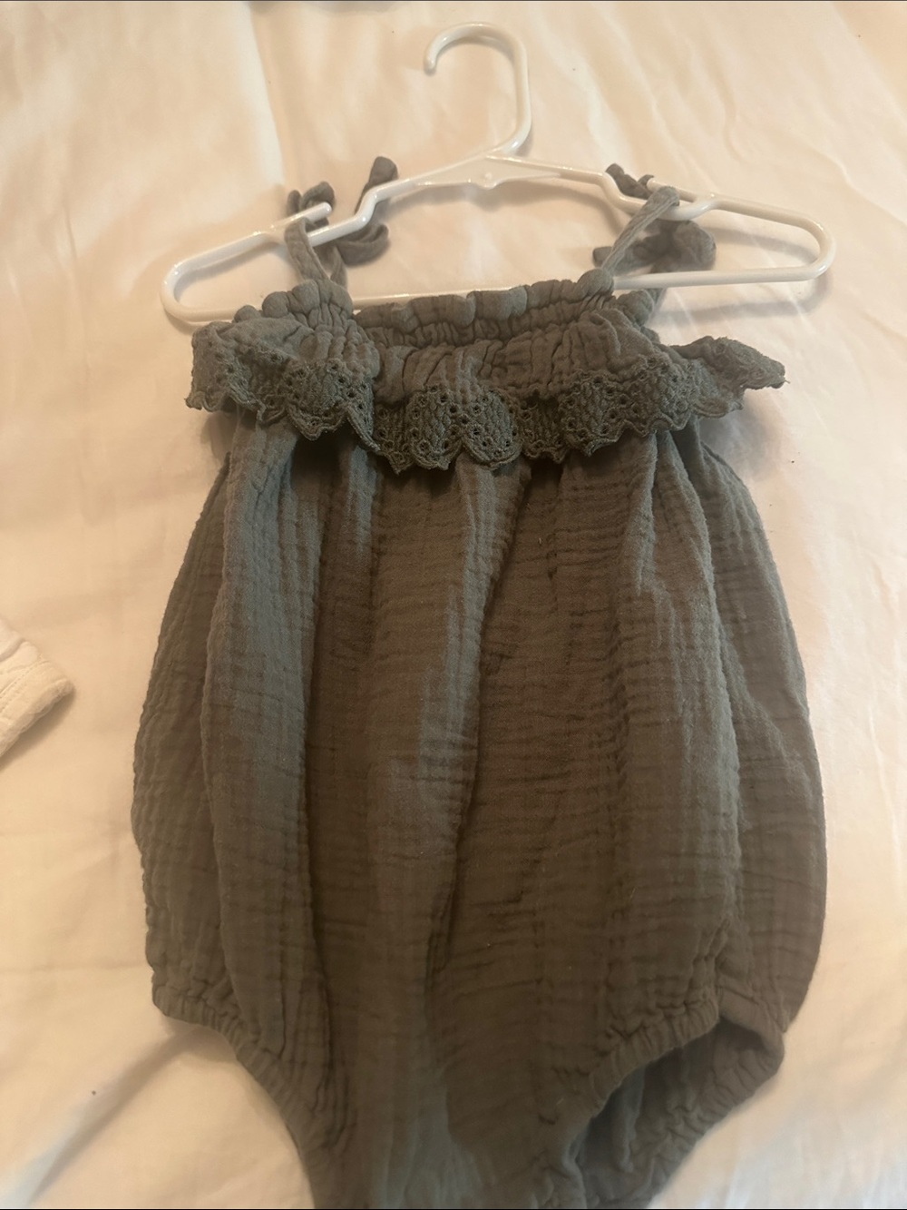 Rylee + Cru Olive Green Ruffle-Trim Cotton Bubble Romper